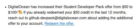 GitHub Education 内的 DigitalOcean credit 从 $50 变为 $100