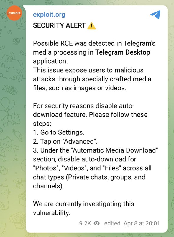 安全警报 ⚠️在 Telegram Desktop 应用程序的 Telegram 媒体处理中检测到可能的 RCE