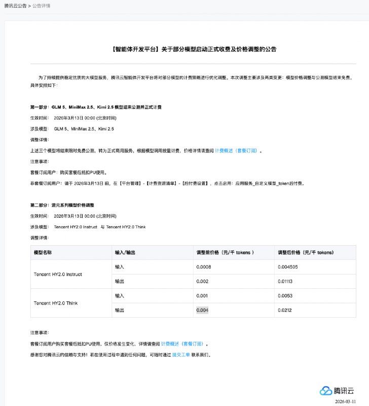 腾讯云官宣混元模型 Token 涨价，最高涨幅超 5 倍3 月 11 日消息，今天，腾讯云发布关于部分模型启动正式收费及价格调整的公告