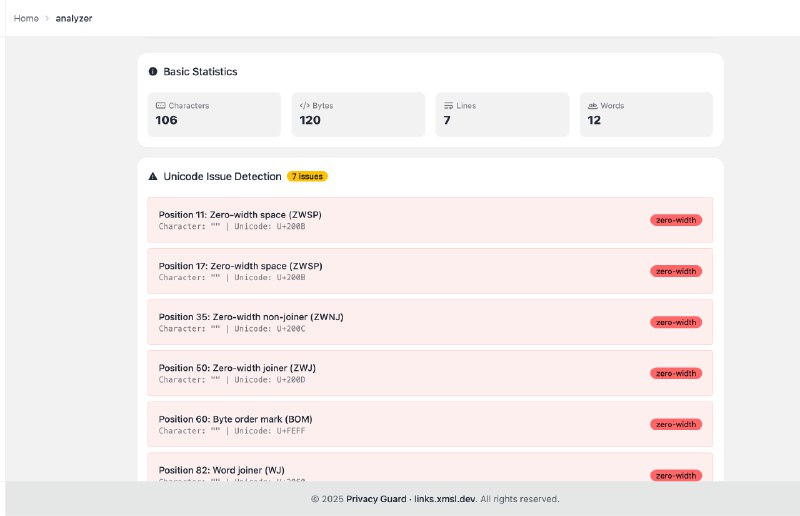 鉴于当前各大 LLM 逐步普及以零宽字符为代表的文本隐写水印手段，为此我特地写了一个小工具，专门用于扫描文本中的隐蔽/不可见 Unicode 码点，便于快速定位可能存在的 「文本水印」