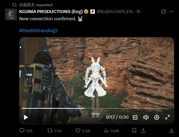 死亡搁浅官方宣布兔田佩可拉将出现在《死亡搁浅2》