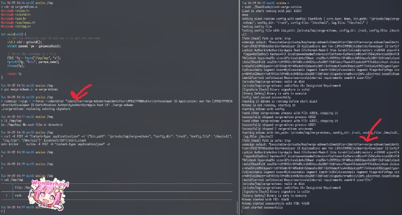 后续：clash verge rev 的开发者给 macOS 添加了可执行程序签名验证，然而这个签名验证并没有用（笑）因为它甚至没有解析 codesign 输出... 直接验证了 codesign 输出有没有包含特定的字符串，所以黑客只要自己签一个恶意 bin 把它检测的字符串全都堆到 identifier 里就可以绕过检测拿到 root 了 ⌨（PoC 原图放这里了: clash-verge-service#9）安全检查能写成这样也太草台了，而且这个注释看起来像是 AI 生成的一样... 希望大家都不要用这样的软件