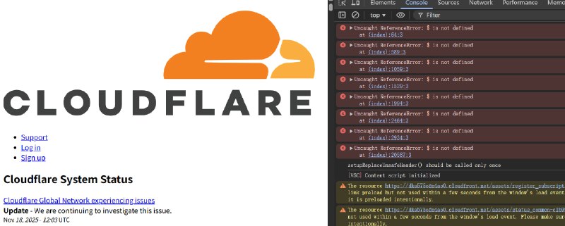 www.cloudflarestatus.com 现在也有爆炸的迹象，具体体现在被分配到忘了写入 jQuery 的网页，会导致全局掉样式 好了现在直接504了疑似是 AWS 也出了问题，打出了热血沸腾的组合技
