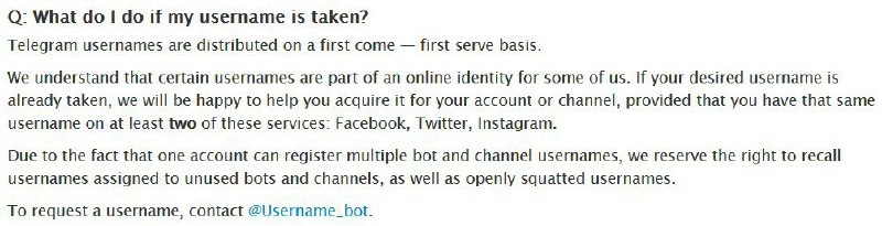 读者 @rvalue_official 反馈：Telegram 官方有个 @username_bot 有抢注奇效，只要抢到推特/脸书/instagram三者之二，就可以强行 claim 一个用户名魔幻，实在魔幻