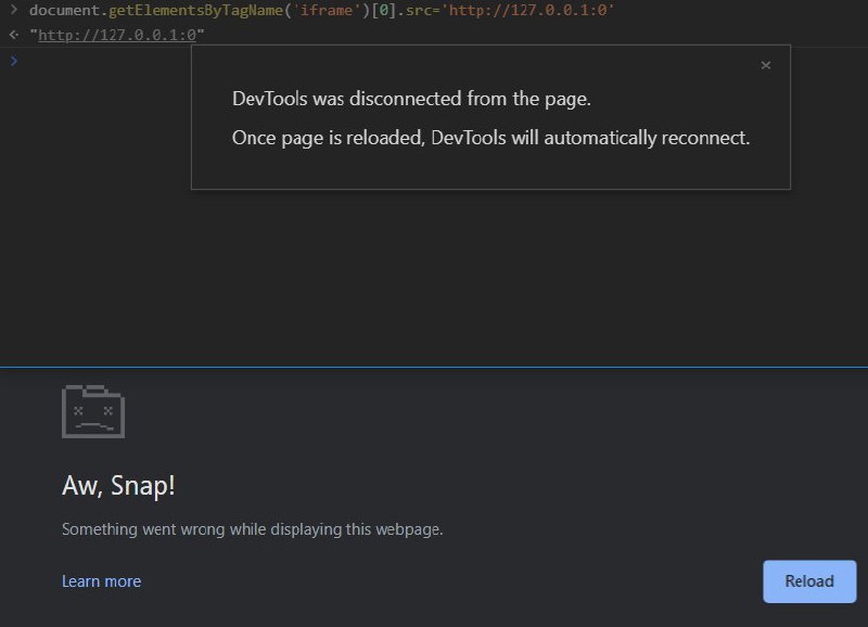 Chrome 77.0.3865.120，把 iframe 的 src 设置一个端口为 0 的地址，网页就崩了