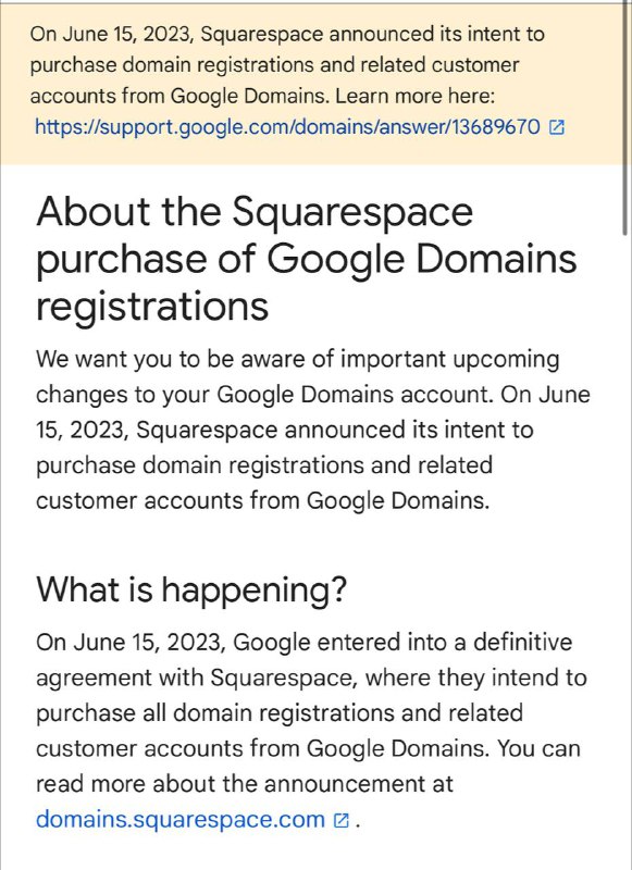 Google Domains 被Squarespace收购2023年6月15日，Squarespace宣布有意从Google Domains 购买域名注册和相关客户账户