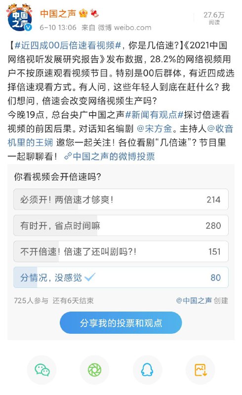 听中国之声听到的，关于视频倍速这个话题还挺有意思