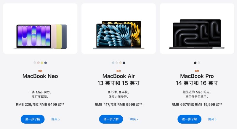 国行：MacBook Neo：￥4599 → ￥5499MacBook Air：￥8499 → ￥9999MacBook Probably：￥13499 → ￥15999iPad Air：￥4799 → ￥5999iPad Pro：￥8999 → ￥10799国行：MacBook Neo：￥4599 → ￥5499MacBook Air：￥8499 → ￥9999MacBook Probably：￥13499 → ￥15999iPad Air：￥4799 → ￥5999iPad Pro：￥8999 → ￥10799