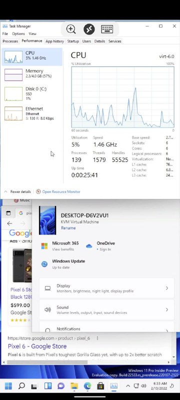 Pixel 6 的 Android 13 DP1 固件中加入了新的虚拟机框架，而且性能相当接近原生硬件水平